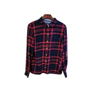 Women Tommy Hilfiger Blue/red Flannel Button Down Dress Shirt Size Medium Pocket
